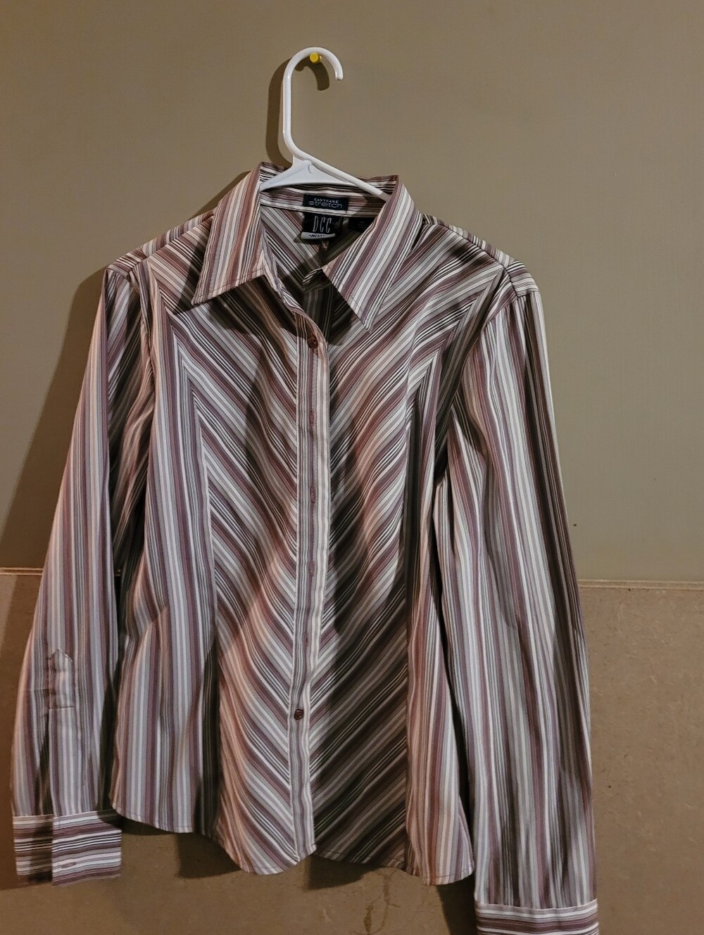 DCC Womans Striped Dress Shirt in Brown, White and Pink Small